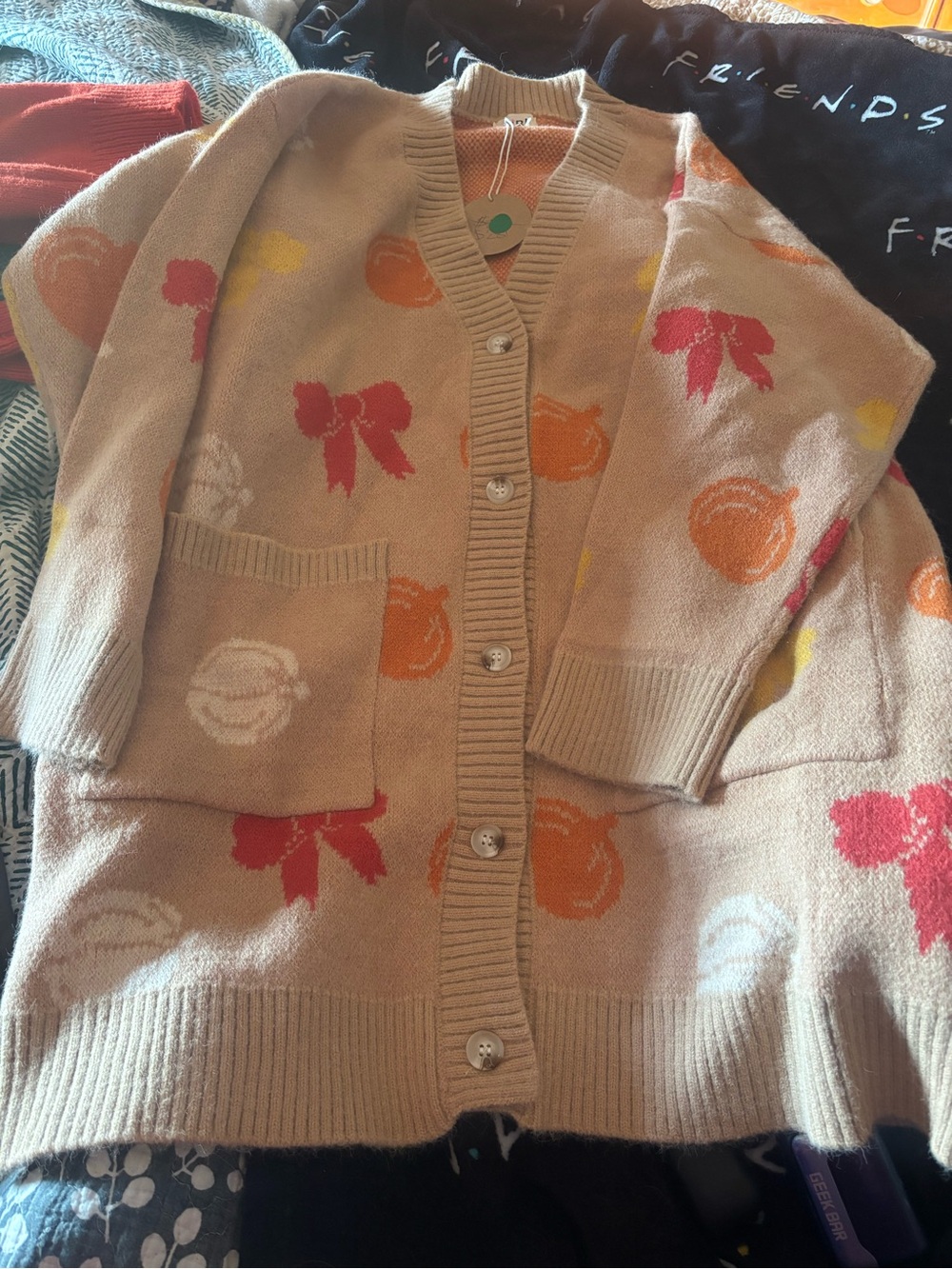 BiBi Beige Fall Cardigan with Orange, Red & Yellow Motifs